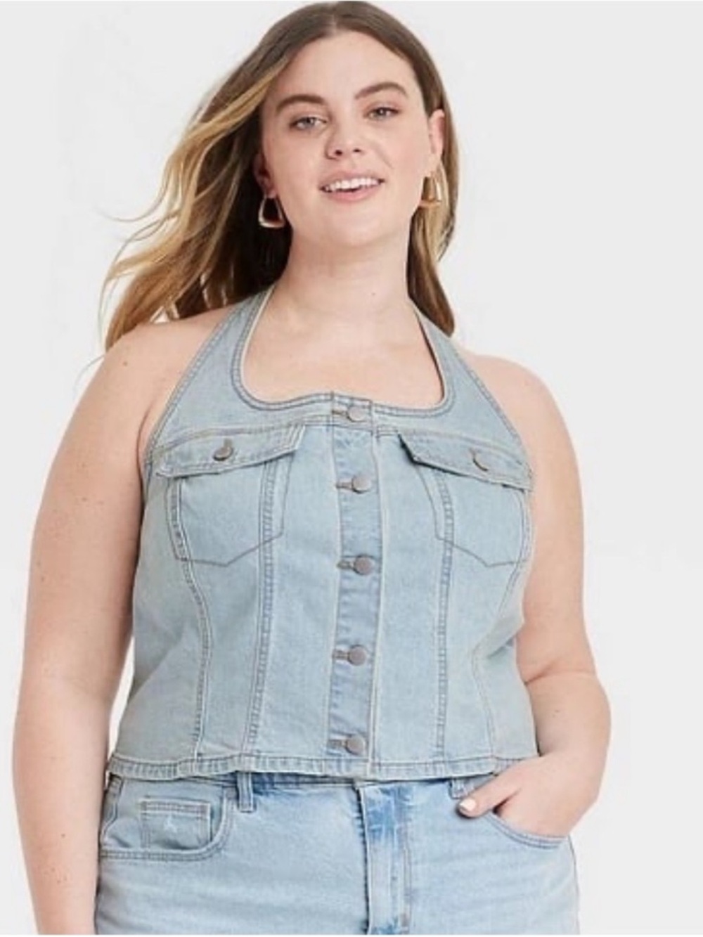 Light Blue Denim Halter Vest